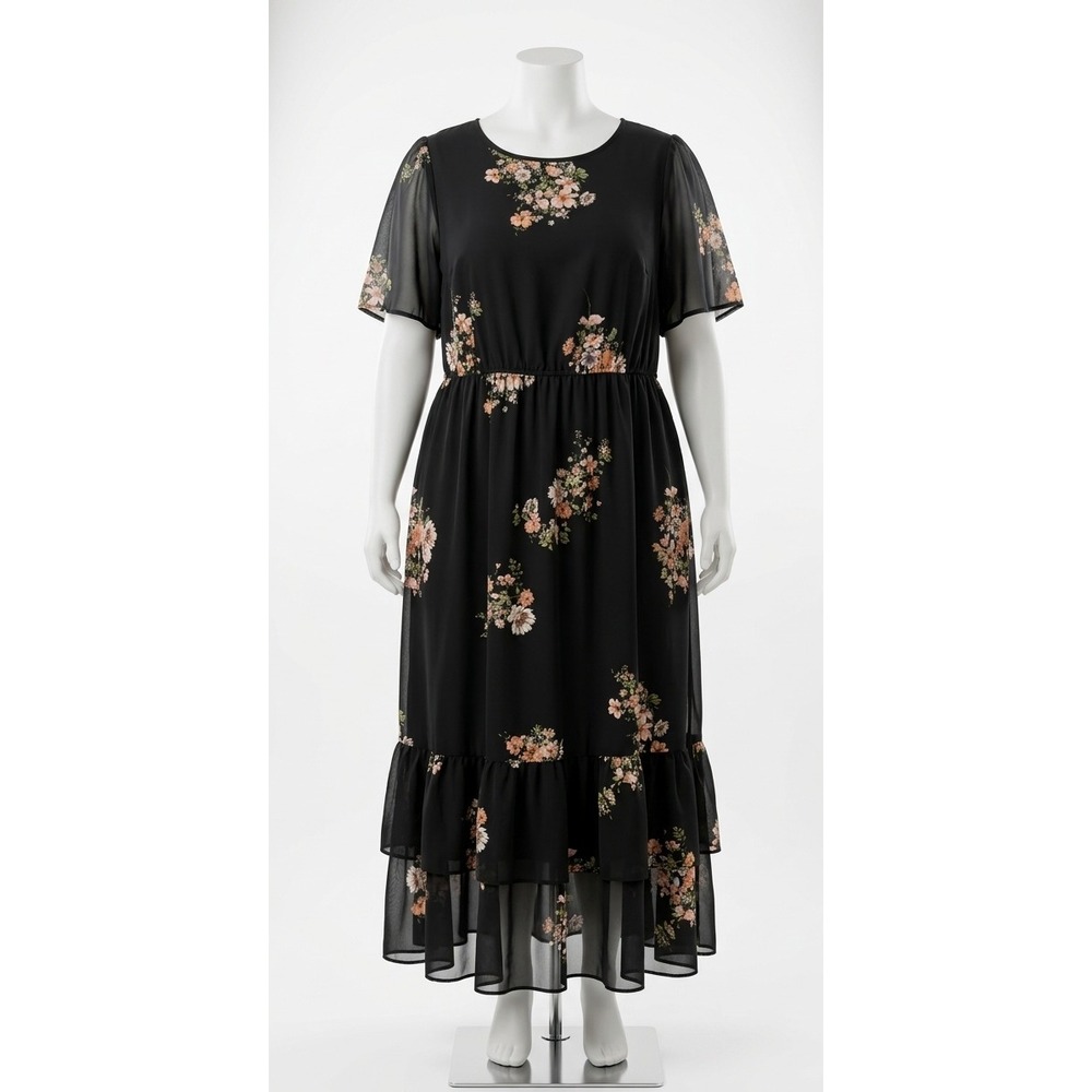 Plus Size Black Floral Tiered Ruffle Midi Dress 4XL Summer Boho Garden Party
